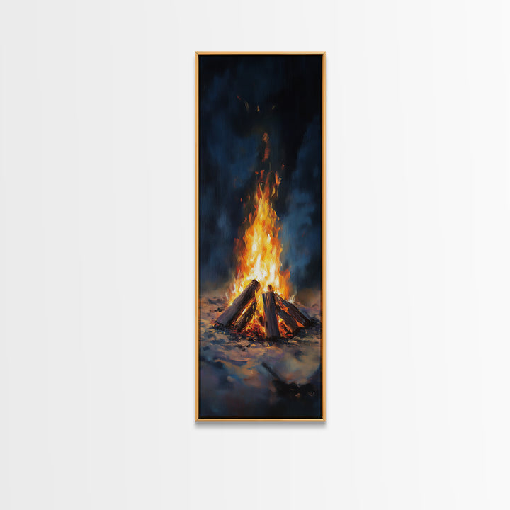 Glowing Campfire Night Landscape Wall Art, Rustic Cabin Decor, Moody Nature Art Print, Cozy Winter Living Room Decor Gift