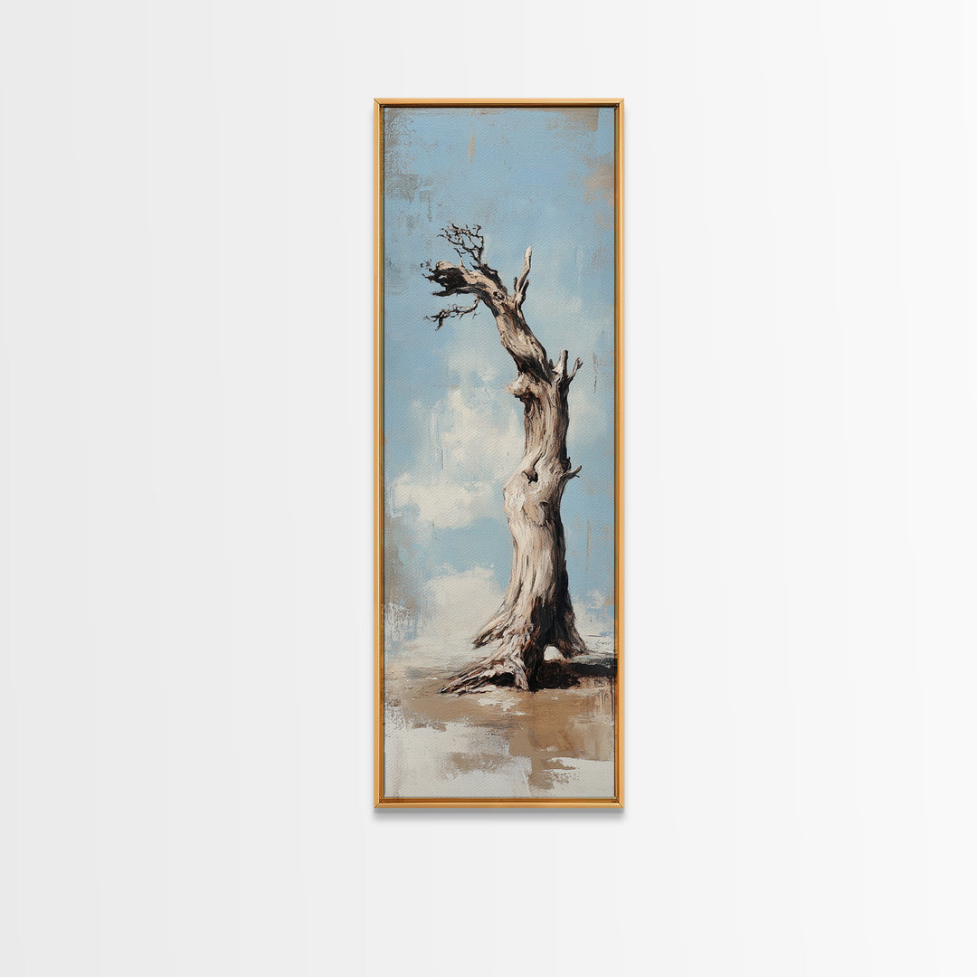 Lone Weathered Tree Wall Art, Rustic Landscape Painting, Minimalist Nature Print, Neutral Farmhouse Living Room Decor Gift