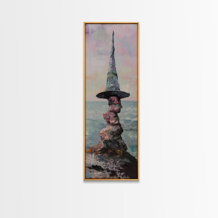 Whimsical Wizard Hat Rock Tower Wall Art, Fantasy Seascape, Surreal Art Print, Magical Coastal Decor, Unique Gift, Living Room Decor