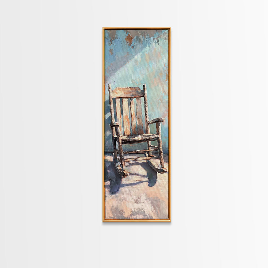 Sunlit Wooden Rocking Chair Wall Art, Rustic Farmhouse Decor, Country Home Decor, Neutral Canvas Print, Cozy Living Room Art