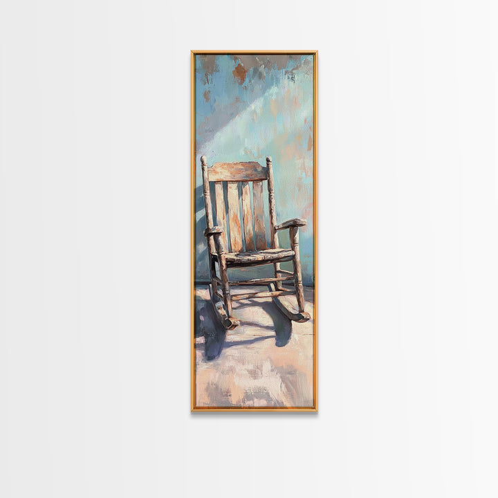 Sunlit Wooden Rocking Chair Wall Art, Rustic Farmhouse Decor, Country Home Decor, Neutral Canvas Print, Cozy Living Room Art