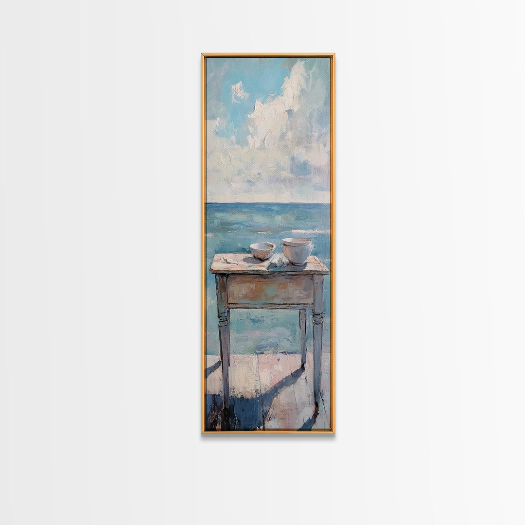 Two Teacups By The Sea Coastal Still Life Wall Art, Ocean Canvas Wall Decor, Beach House Living Room Decor, Neutral Seascape Kitchen Print