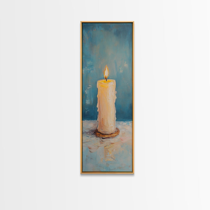 Glowing Pillar Candle Still Life Framed Canvas Print, Moody Wall Art, Meditation Room Decor, Spa Bathroom Art, Cozy Home Decor