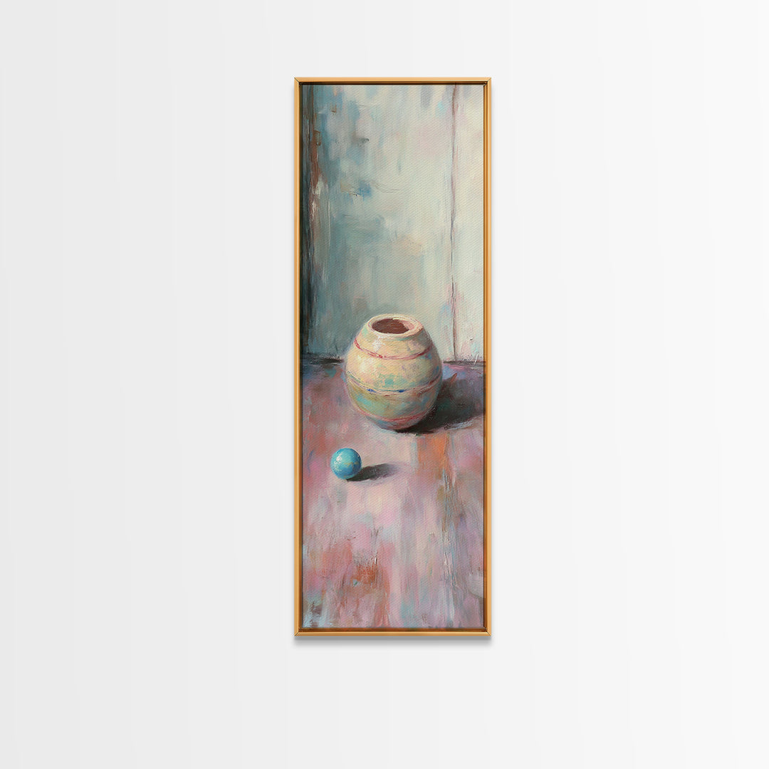 Small Ceramic Pot And Blue Ball Still Life Wall Art, Pastel Minimalist Canvas Print, Wabi Sabi Decor, Soft Abstract Art Print