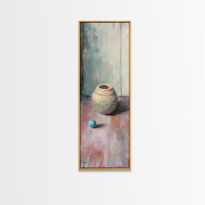 Small Ceramic Pot And Blue Ball Still Life Wall Art, Pastel Minimalist Canvas Print, Wabi Sabi Decor, Soft Abstract Art Print