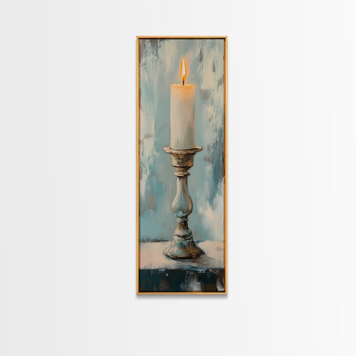 Lit Candle On Antique Holder Framed Canvas Print, Moody Still Life Wall Art For Rustic Home Decor, Spiritual Gift, Housewarming Gift