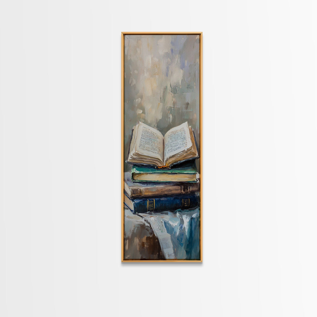 Open Book Stack Library Wall Art, Cozy Dark Academia Canvas Print For Reading Nook Decor, Book Lover Gift, Office Decor, Home Decor