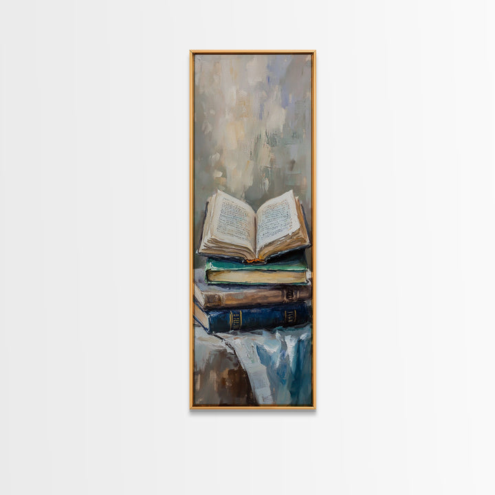 Open Book Stack Library Wall Art, Cozy Dark Academia Canvas Print For Reading Nook Decor, Book Lover Gift, Office Decor, Home Decor