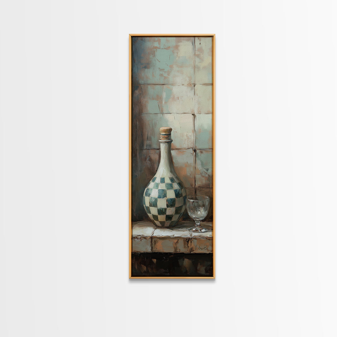 Checkered Ceramic Bottle And Wine Glass Wall Art, Rustic Kitchen Decor, Mediterranean Still Life Canvas Print For Dining Room