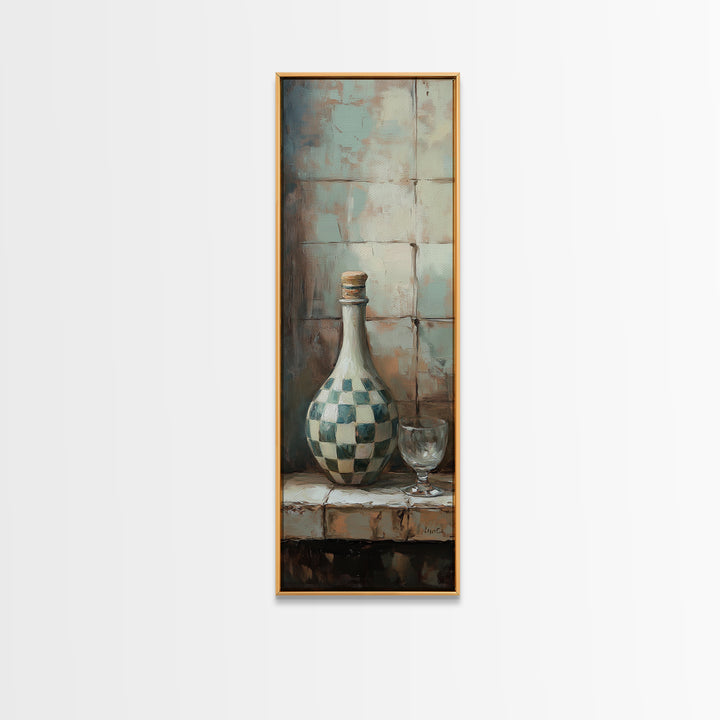 Checkered Ceramic Bottle And Wine Glass Wall Art, Rustic Kitchen Decor, Mediterranean Still Life Canvas Print For Dining Room