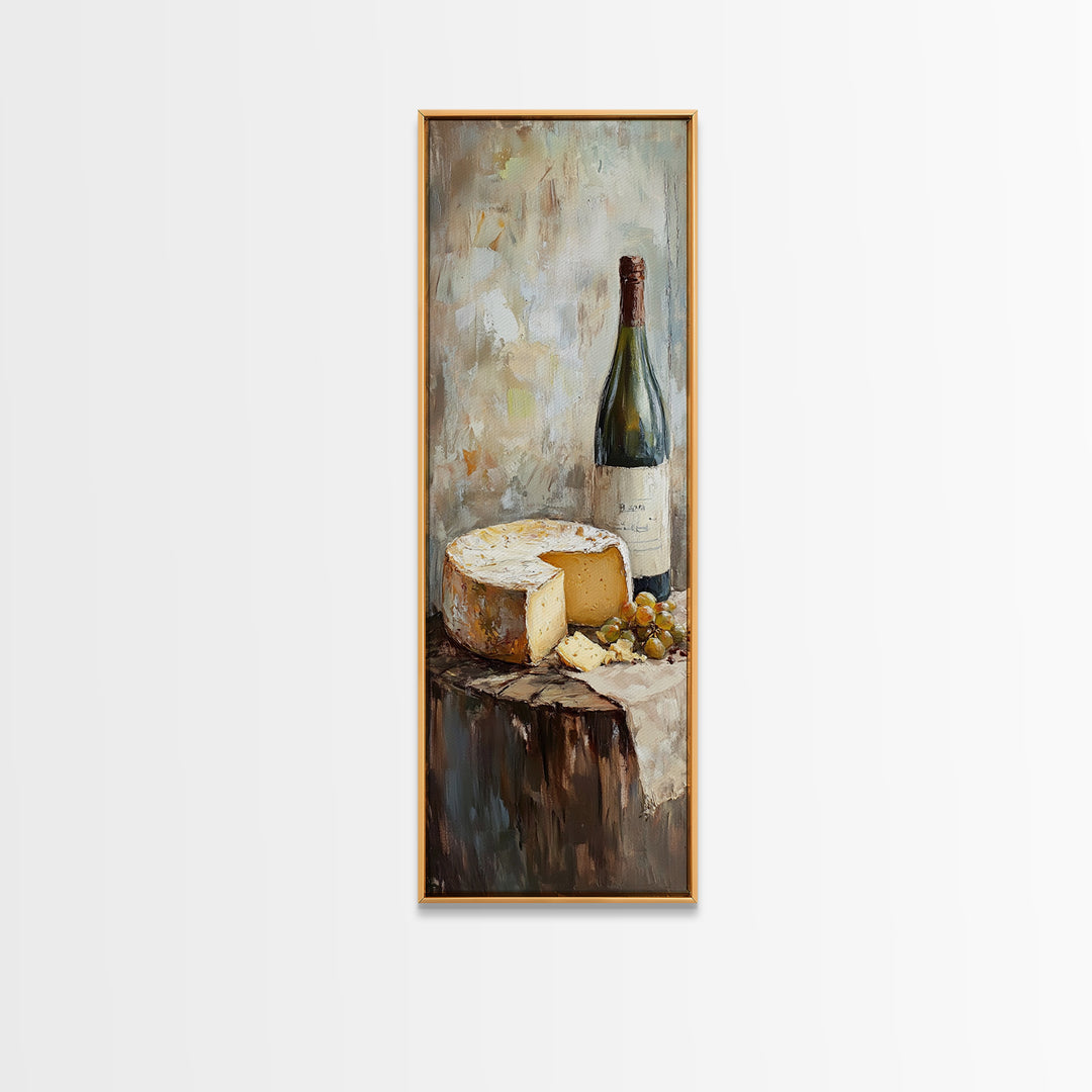 Cheese Wheel Wine Bottle And Grapes Wall Art, Rustic Kitchen Decor, Foodie Gift, French Farmhouse Canvas Print For Dining Room