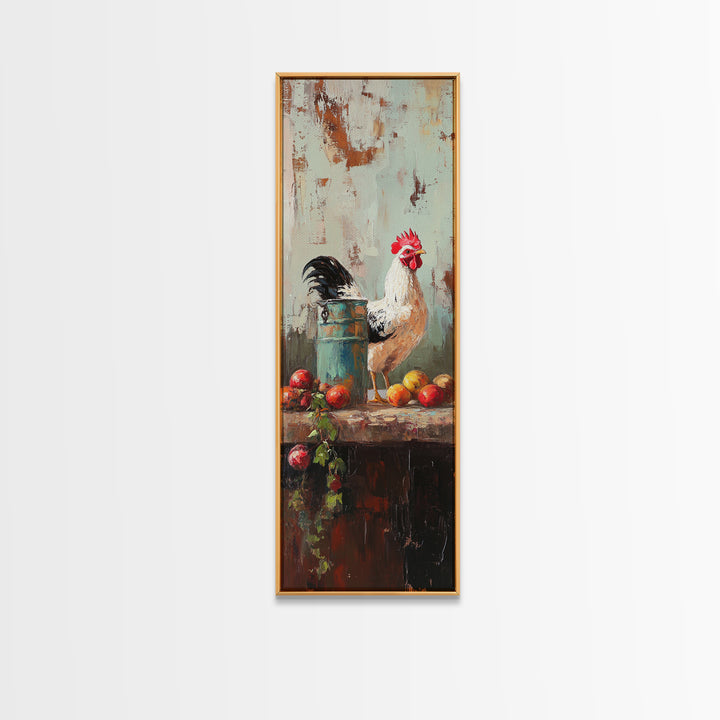 White Rooster And Tomato Still Life Wall Art, Rustic Farmhouse Kitchen Decor, Country Canvas Print Housewarming Gift, Home Decor
