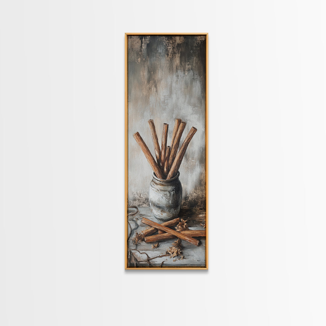 Cinnamon Sticks In Rustic Jar Wall Art, Farmhouse Kitchen Decor, Spice Still Life Canvas Print, Cozy Cafe Art Gift, Home Decor