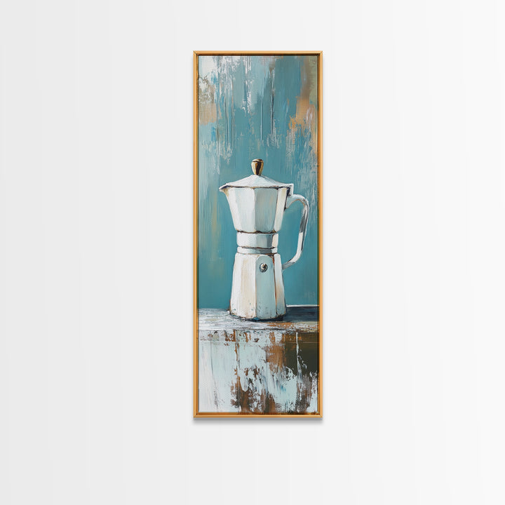 White Moka Pot Still Life Wall Art, Rustic Kitchen Decor, Coffee Bar Art Print, Farmhouse Canvas, Housewarming Gift For Coffee Lover