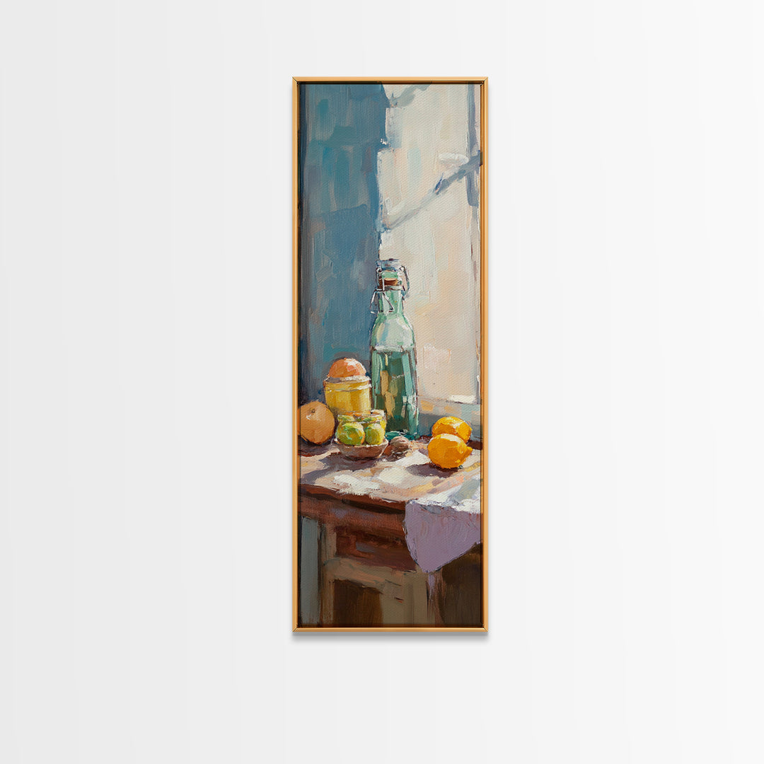 Sunlit Lemons And Glass Bottle Wall Art, Mediterranean Kitchen Decor, Citrus Still Life Canvas Print, Dining Room Art Print