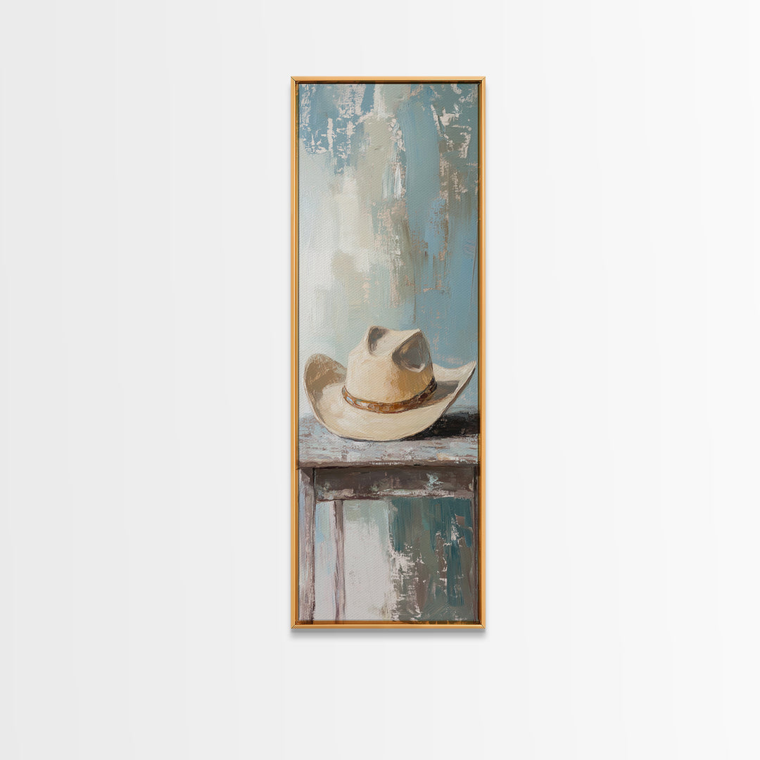 White Cowboy Hat On Table Canvas Print, Western Wall Art, Rustic Ranch Decor, Neutral Southwestern Farmhouse Home Decor, Gift For Him