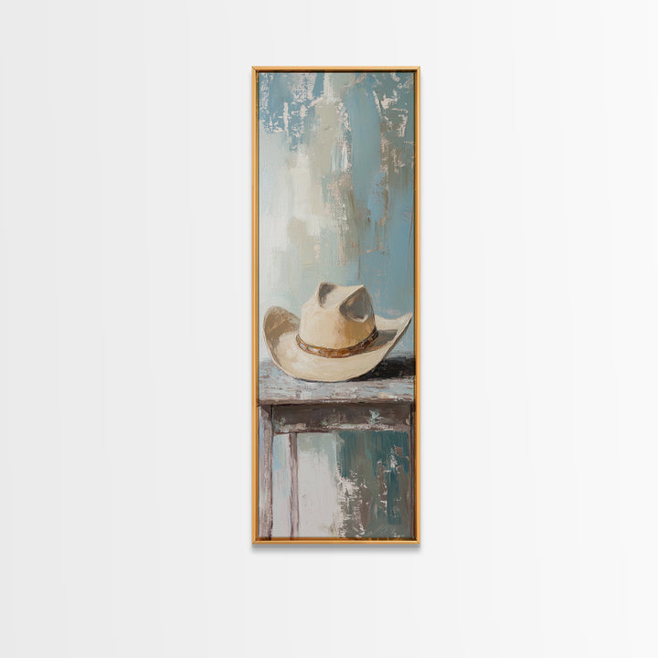 White Cowboy Hat On Table Canvas Print, Western Wall Art, Rustic Ranch Decor, Neutral Southwestern Farmhouse Home Decor, Gift For Him