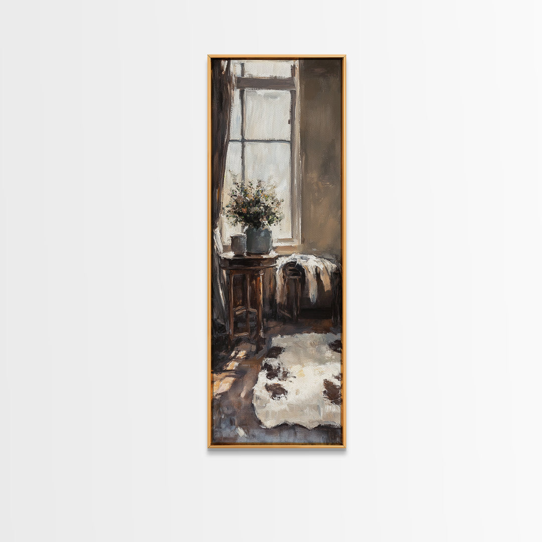 Rustic Window Chair And Cowhide Rug Wall Art, Farmhouse Canvas Print, Cozy Country Home Decor, Neutral Living Room Art Print