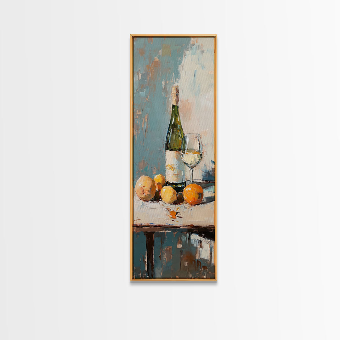 Wine Bottle Glass And Oranges Canvas Print, Kitchen Wall Art, Dining Room Decor, Still Life Painting, Housewarming Gift, Modern Home Decor