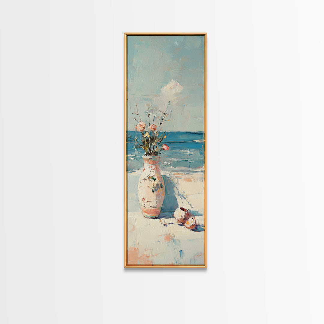 Seaside Flower Vase With Shells Canvas Print, Coastal Wall Art, Beach House Decor, Ocean Wall Decor, Summer Home Decor, Gift For Her