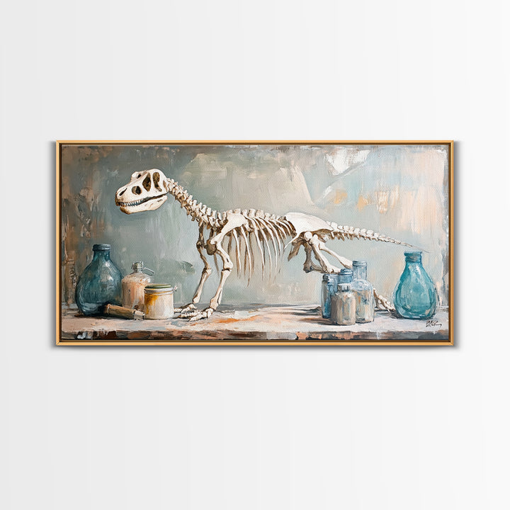 Dinosaur Skeleton Still Life Wall Art, Paleontology Canvas Print, Science Office Decor, Boys Room Decor, Unique Gift, Nursery Wall Art