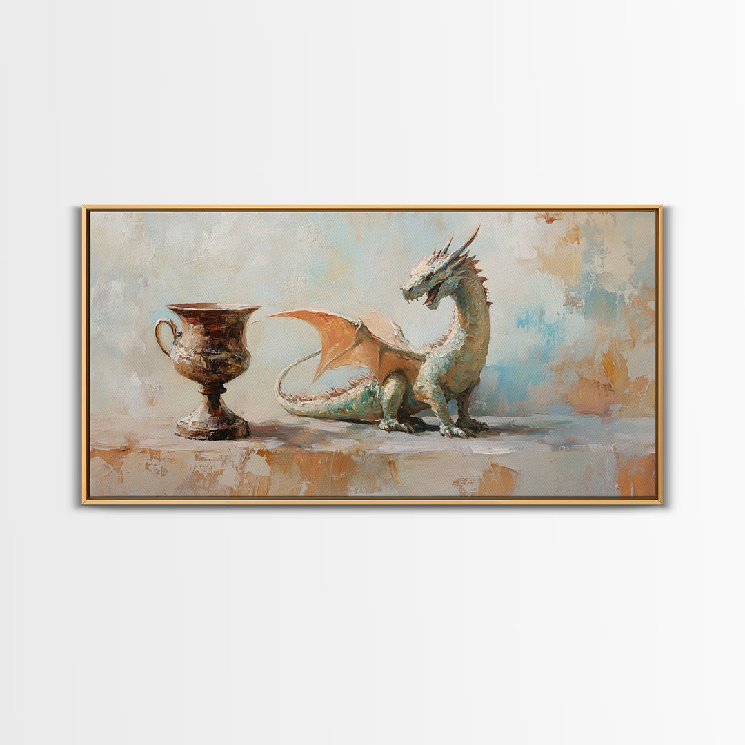 Small Dragon And Goblet Wall Art, Fantasy Canvas Print, Mythical Creature Decor, Kids Room Art, Unique Gift For Him, Nursery Wall Art