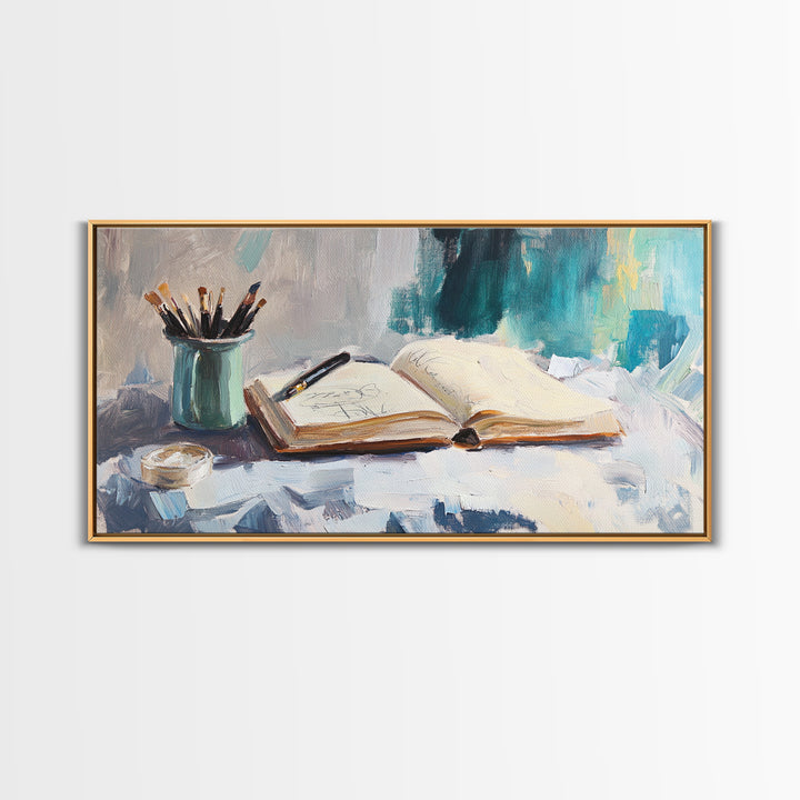Open Sketchbook With Brushes Wall Art, Creative Studio Canvas Print, Gift For Artist, Office Decor, Modern Home Decor, Living Room Decor