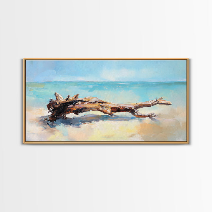 Sunlit Driftwood On Turquoise Shore Wall Art, Coastal Canvas Print, Beach House Decor, Ocean Art, Nautical Home Decor, Living Room Decor