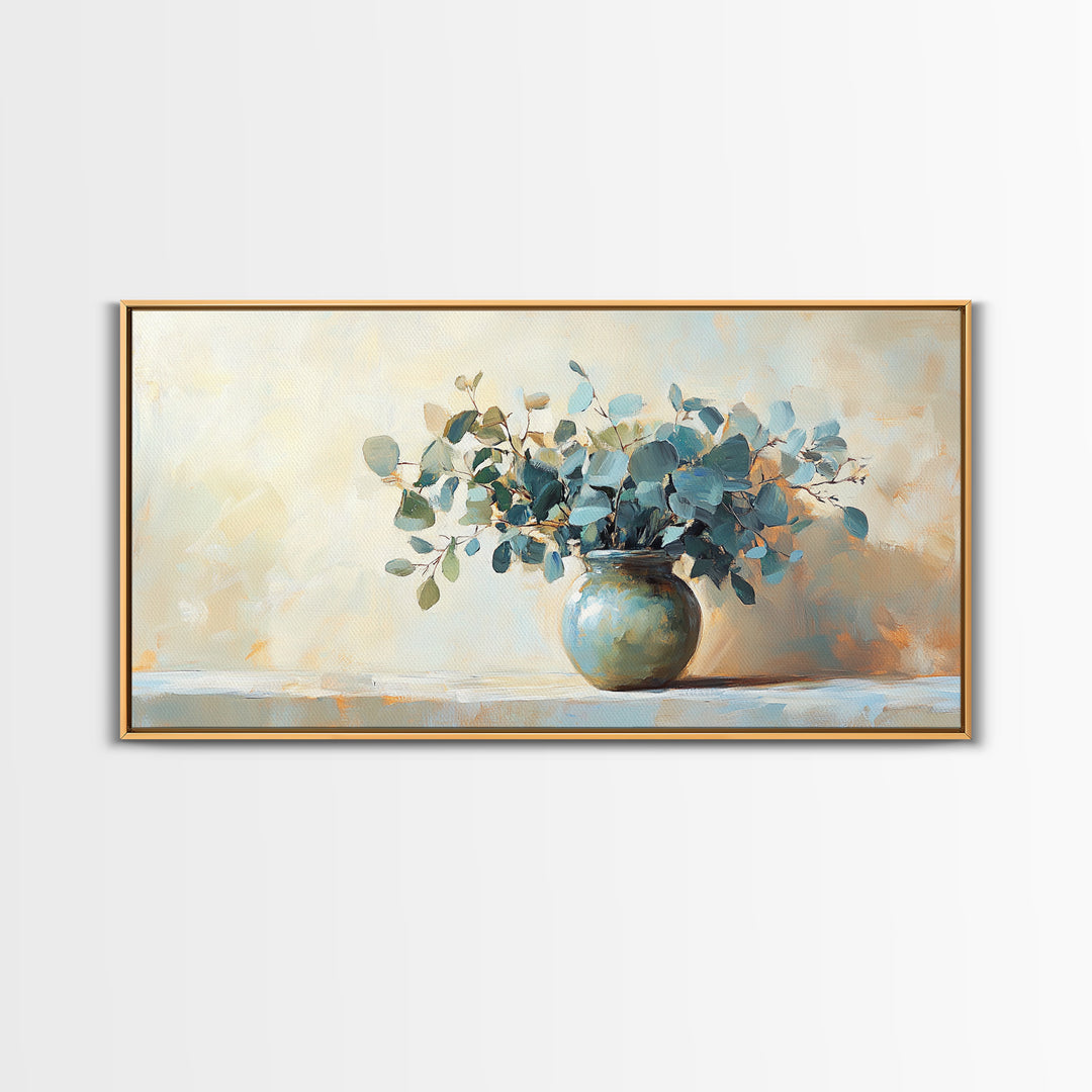 Blue Eucalyptus Vase Still Life Wall Art, Botanical Canvas Wall Decor, Neutral Living Room Decor, Rustic Farmhouse Art Print