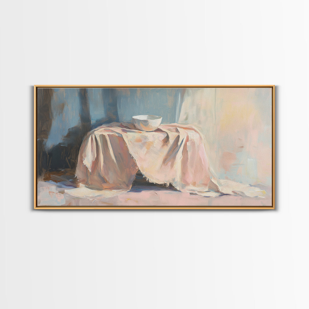 Soft Draped Table And Bowl Still Life Canvas Print, Minimalist Kitchen Wall Art, Neutral Home Decor, Fine Art Print, Dining Room Decor