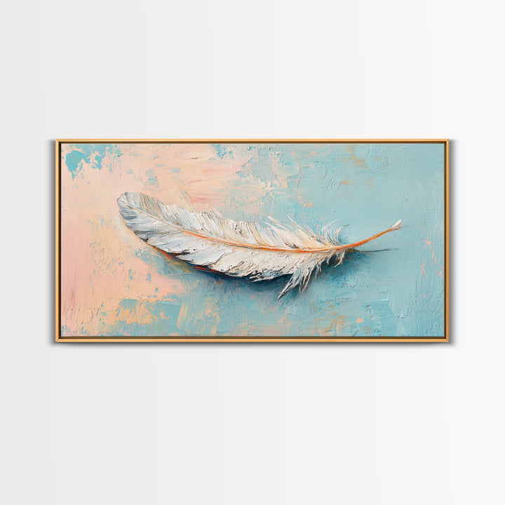 White Feather On Soft Blue Peach Texture Framed Canvas Print, Coastal Wall Art, Neutral Home Decor, Boho Bedroom Decor, Gift For Her