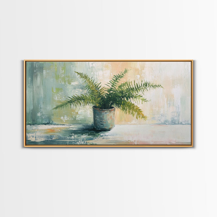 Potted Fern Plant In Textured Green Light Canvas Print, Botanical Wall Art, Nature Wall Decor, Japandi Home Decor, Office Decor