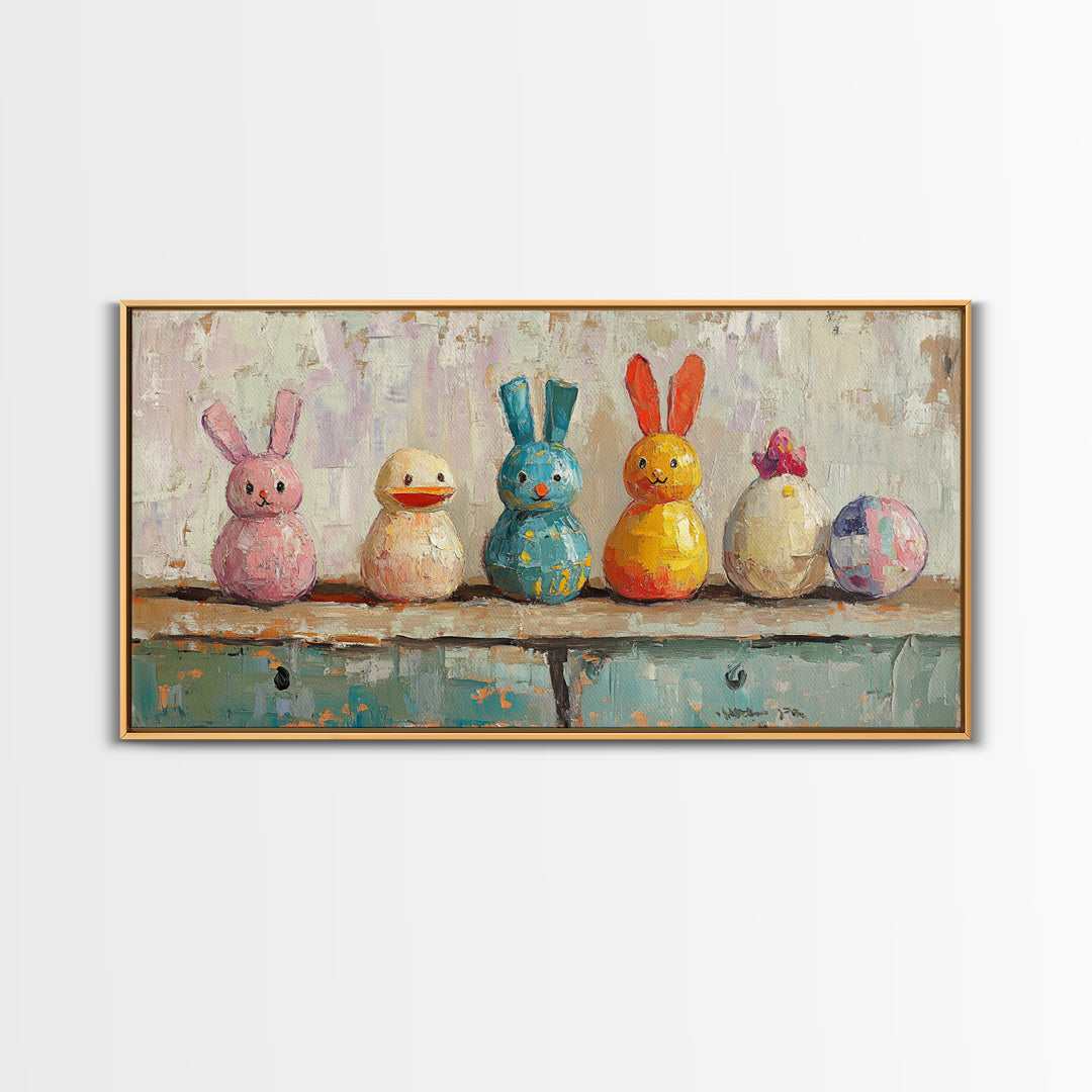Whimsical Bunny And Duck Toys Framed Canvas Print, Nursery Wall Art, Kids Room Decor, Easter Gift, Playroom Wall Decor, Baby Shower Gift