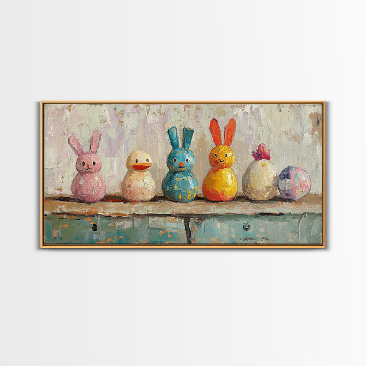 Whimsical Bunny And Duck Toys Framed Canvas Print, Nursery Wall Art, Kids Room Decor, Easter Gift, Playroom Wall Decor, Baby Shower Gift