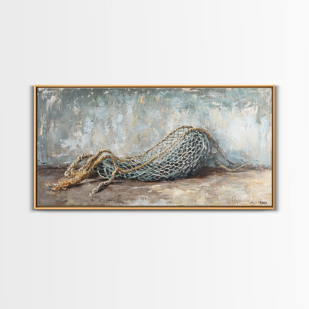 Weathered Fishing Net Framed Canvas Print, Nautical Wall Art, Coastal Home Decor, Rustic Seascape, Beach House Gift For Him