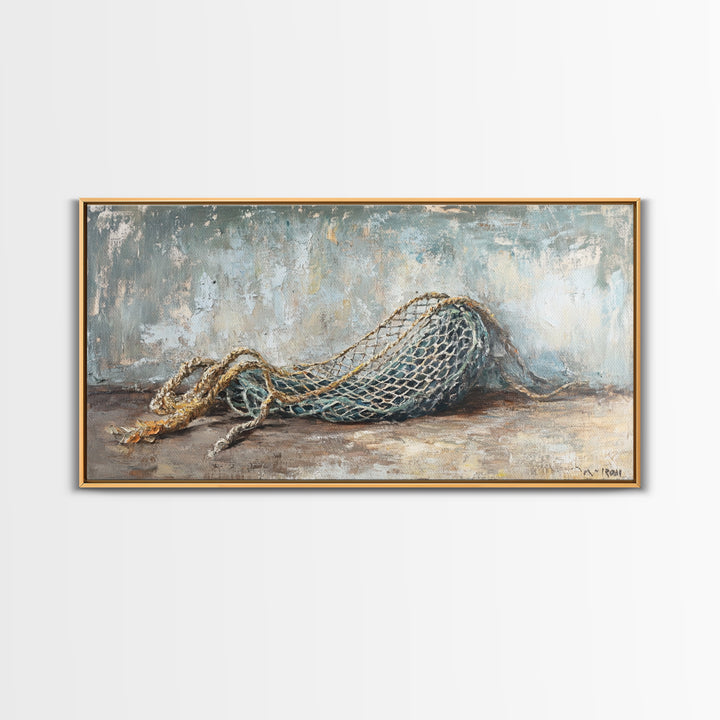 Weathered Fishing Net Framed Canvas Print, Nautical Wall Art, Coastal Home Decor, Rustic Seascape, Beach House Gift For Him
