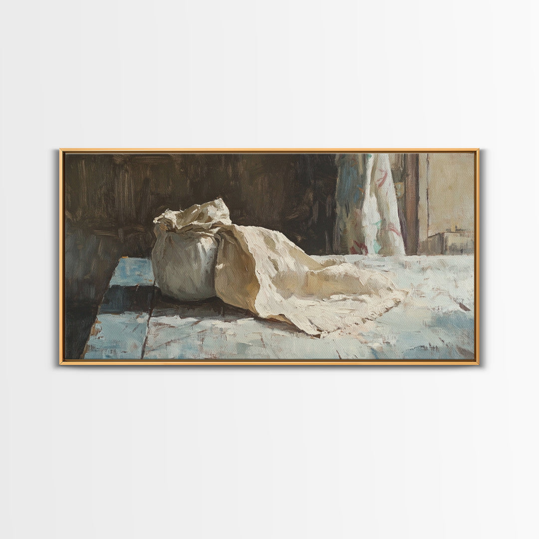 Rustic Flour Sack Still Life Wall Art, French Bakery Canvas Print, Country Kitchen Decor, Farmhouse Wall Decor Gift Idea