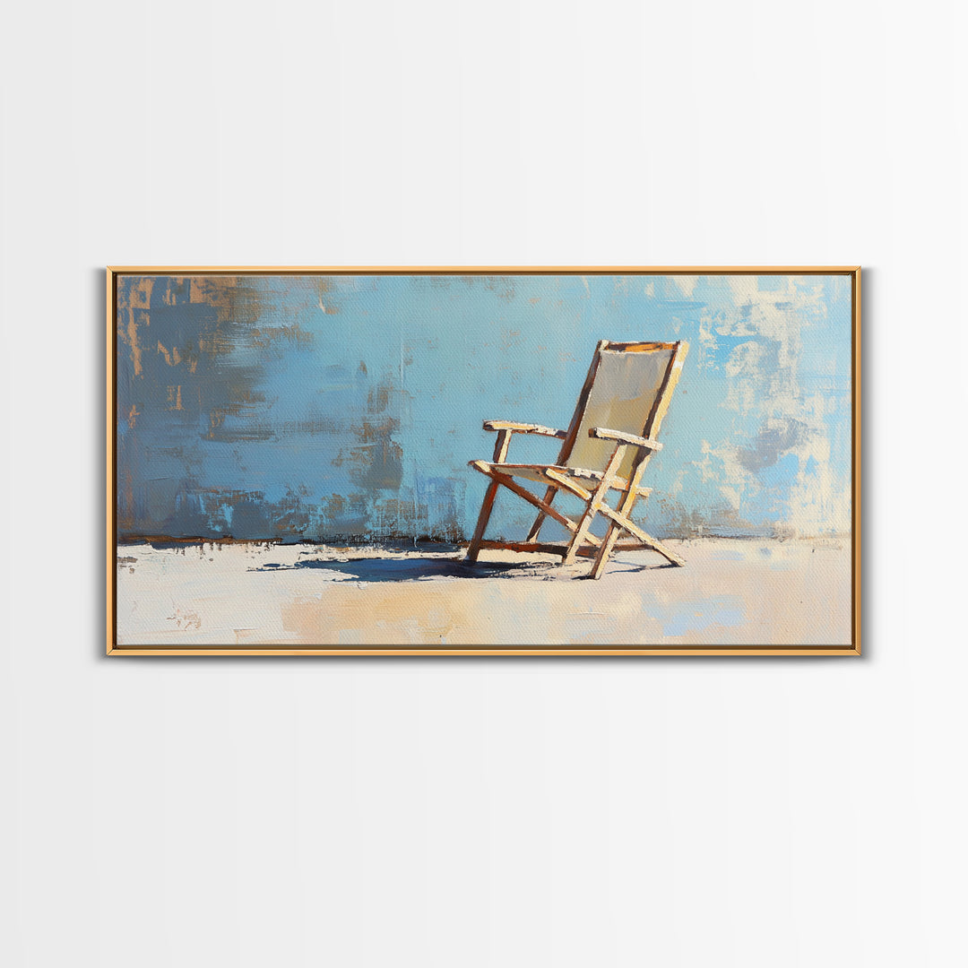 Minimal Beach Chair On Blue Wall, Canvas Print, Coastal Wall Art, Modern Home Decor, Beach House Decor, Living Room Wall Art