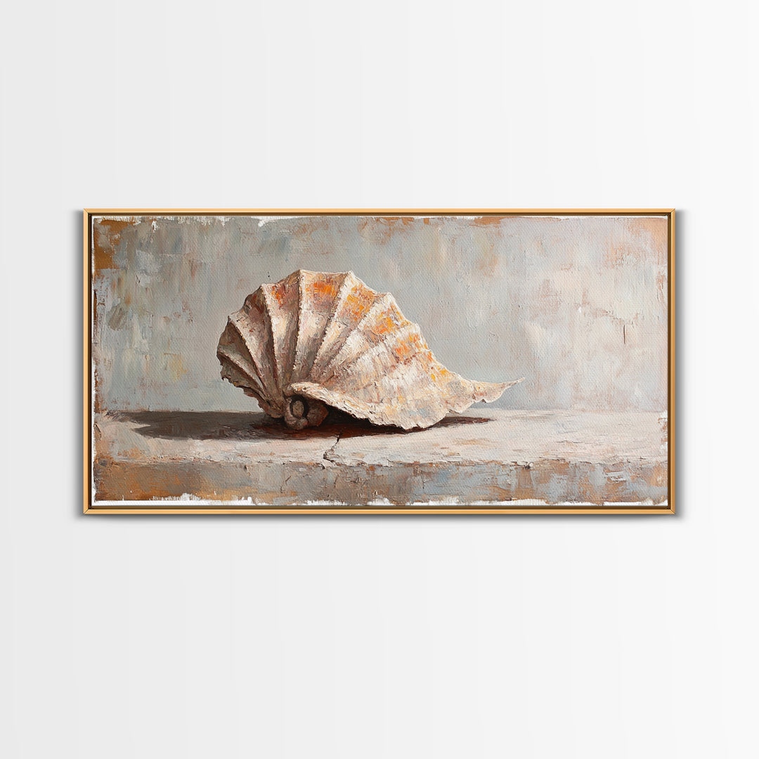 Textured Seashell Still Life In Neutral Tones, Framed Canvas Print, Coastal Wall Art, Beach House Decor, Nautical Wall Art