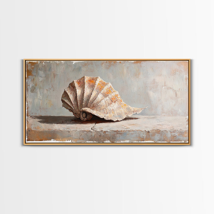 Textured Seashell Still Life In Neutral Tones, Framed Canvas Print, Coastal Wall Art, Beach House Decor, Nautical Wall Art