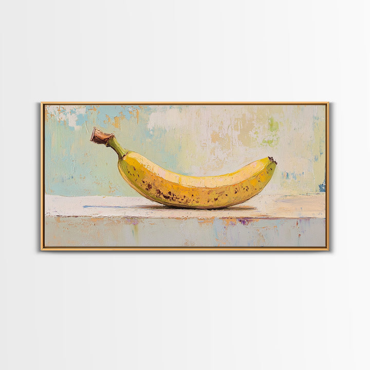 Bright Banana Still Life On Pale Blue, Framed Canvas Print, Kitchen Wall Art, Fruit Art, Colorful Kitchen Decor, Foodie Gift