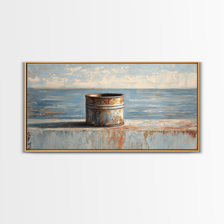 Rusty Tin Can By Blue Sea Wall Art, Coastal Industrial Still Life Canvas Print, Rustic Beach House Decor For Living Room
