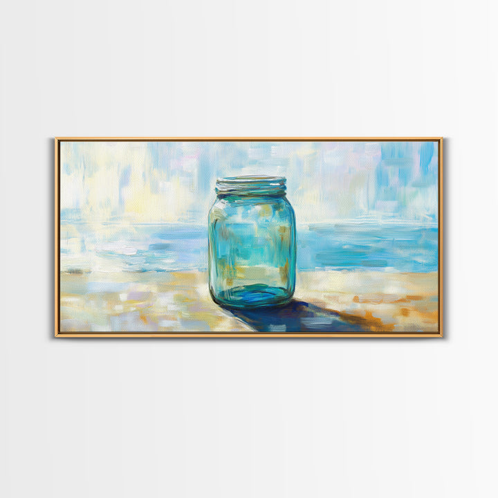 Blue Glass Mason Jar Wall Art, Coastal Still Life Canvas Print, Minimalist Beach House Decor For Kitchen Or Bathroom Art