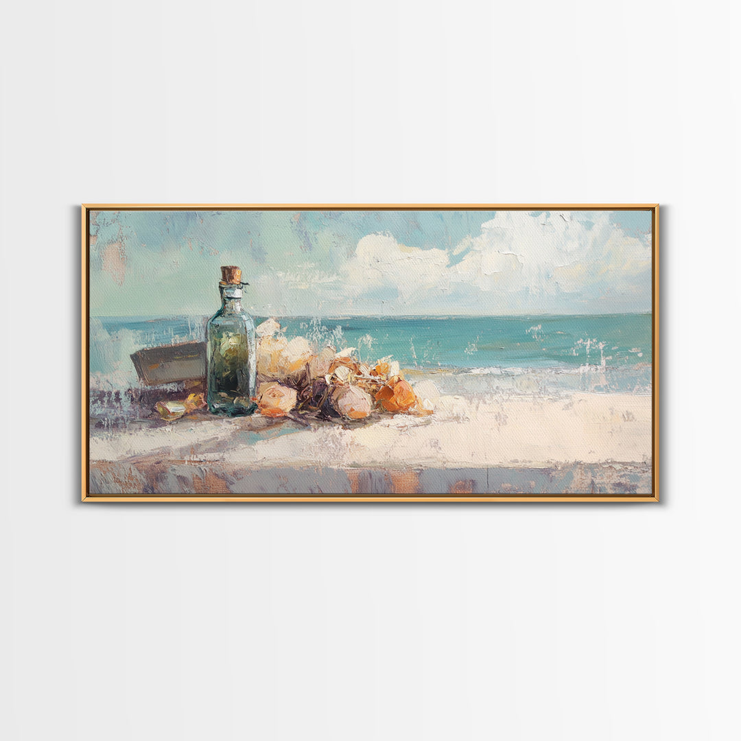 Sea Glass Bottle And Seashells Wall Art, Coastal Beach Framed Canvas Print, Nautical Decor For Bathroom Or Entryway Wall Decor