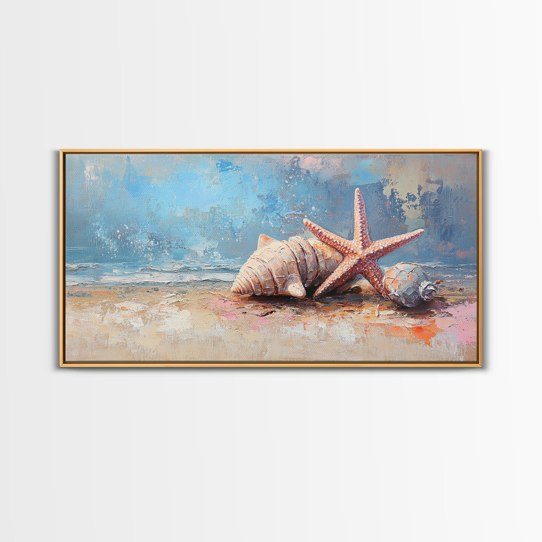 Starfish And Seashells On Sandy Shore Wall Art, Coastal Ocean Canvas Print, Beach House Decor For Bathroom Or Bedroom Wall Decor