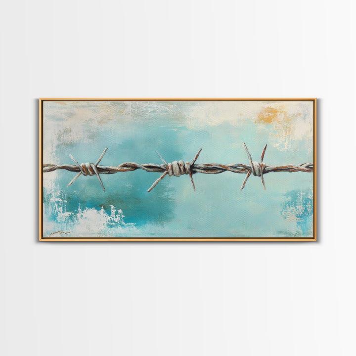 Rusty Barbed Wire Against Turquoise Sky Wall Art, Western Industrial Canvas Print, Modern Rustic Farmhouse Decor For Entryway
