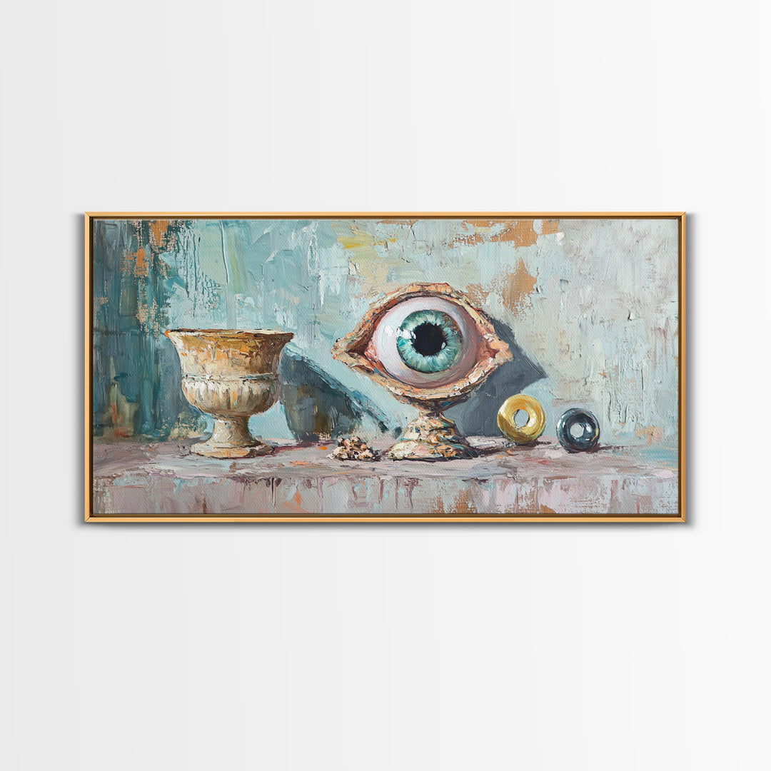 Surreal Blue Eye Relic And Antique Urn Wall Art, Mystical Eclectic Framed Canvas Print, Dark Academia Office Decor For Library