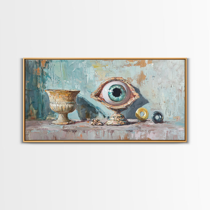 Surreal Blue Eye Relic And Antique Urn Wall Art, Mystical Eclectic Framed Canvas Print, Dark Academia Office Decor For Library