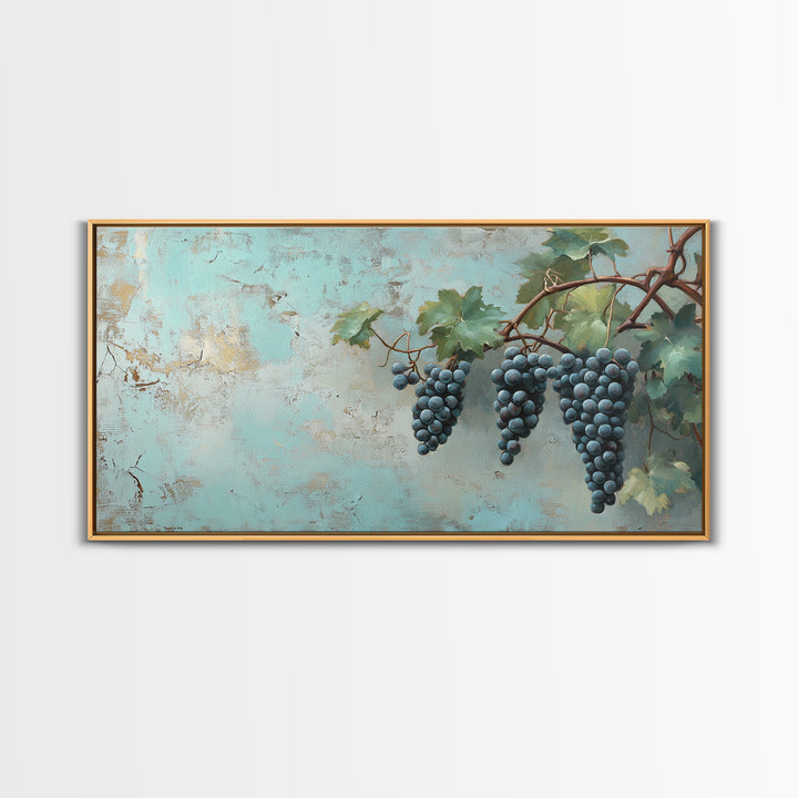 Blue Grapes On Vine Wall Art, Rustic Kitchen Decor, Vineyard Painting, Wine Country Print, Farmhouse Dining Room Canvas Art