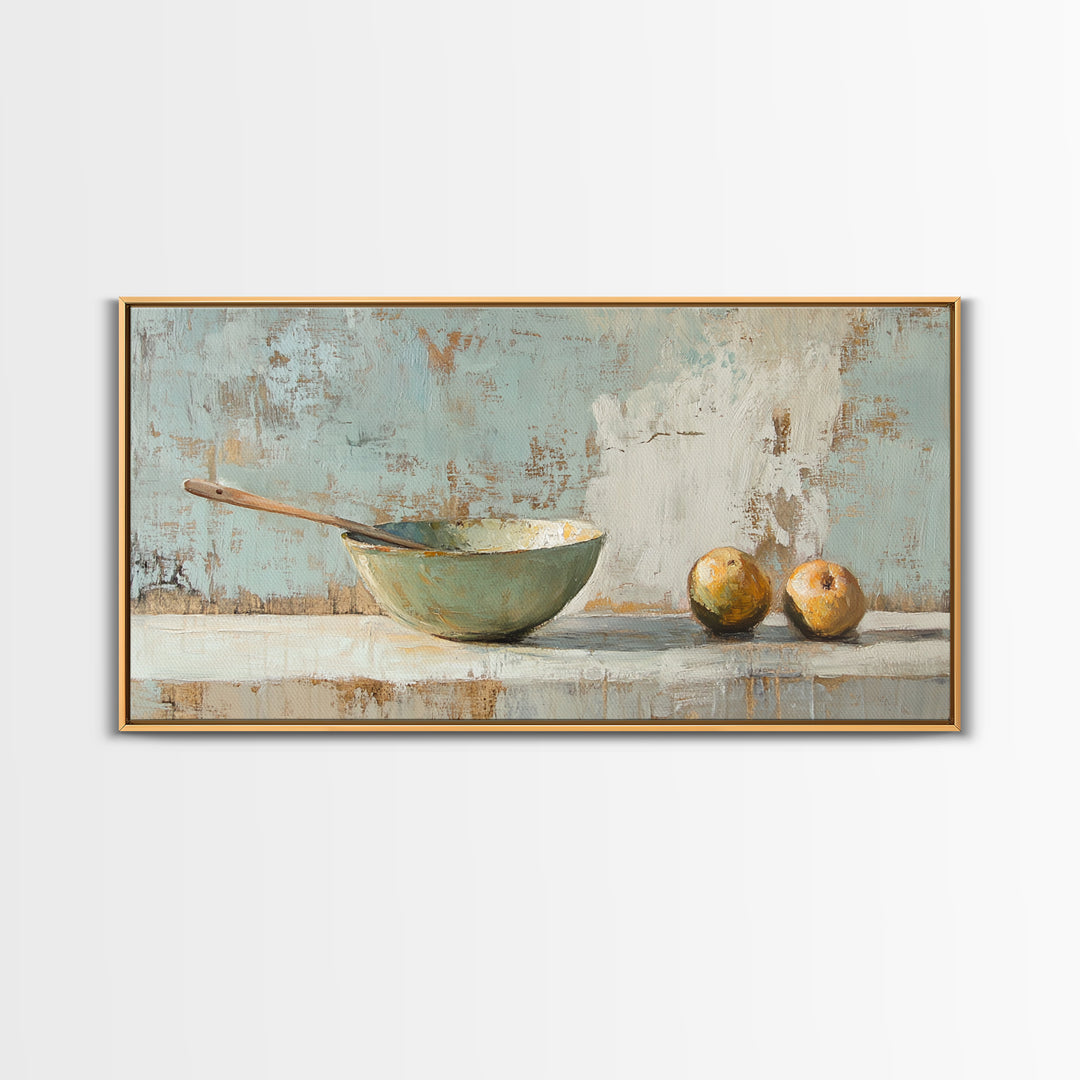 Rustic Bowl And Pears Canvas Print, Kitchen Wall Art, Farmhouse Still Life Painting, Country Dining Room Wall Decor Print